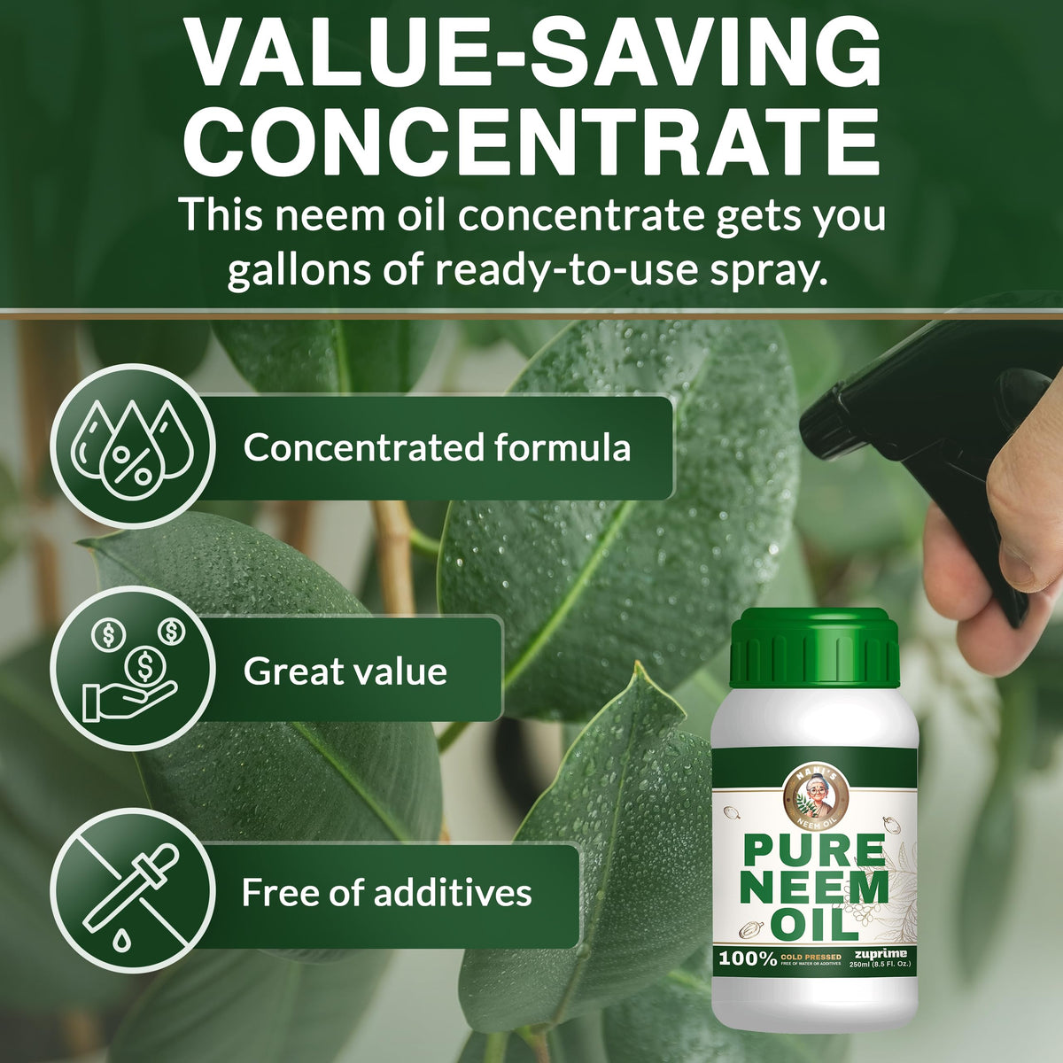 Zuprime Nani's Pure Neem Oil bottle for leaf spray application.