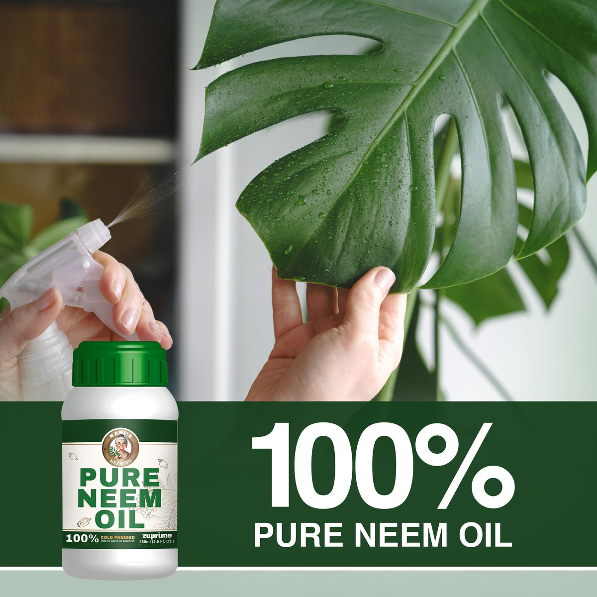 Zuprime Nani's Neem Oil spray nozzle enables even application on outdoor plants.