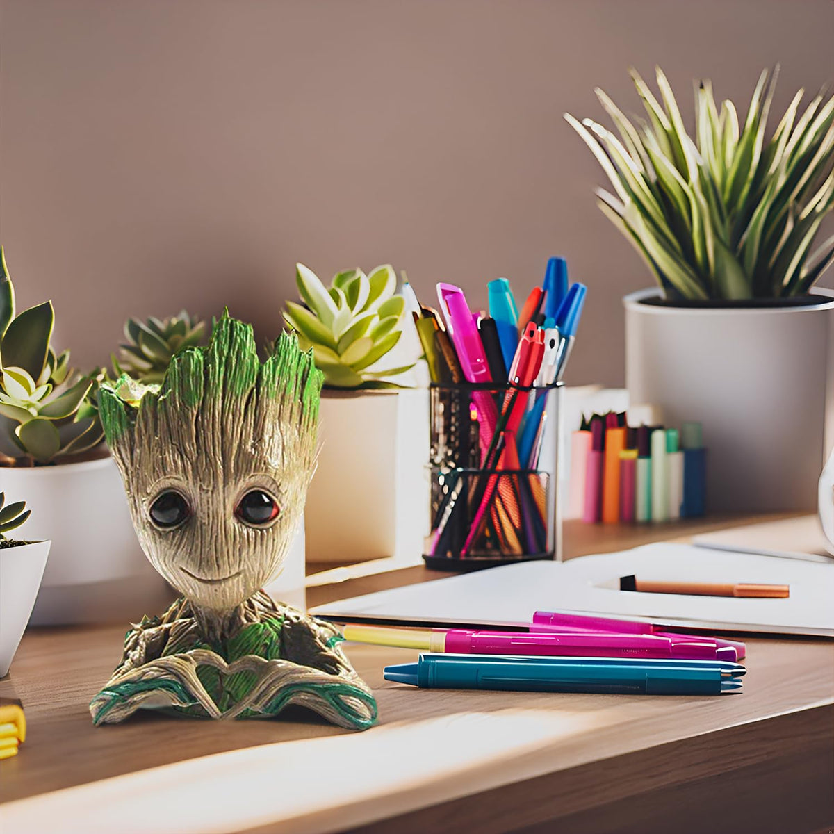 ZUSONUD Brown Groot figurine planter stands sturdy on any surface.