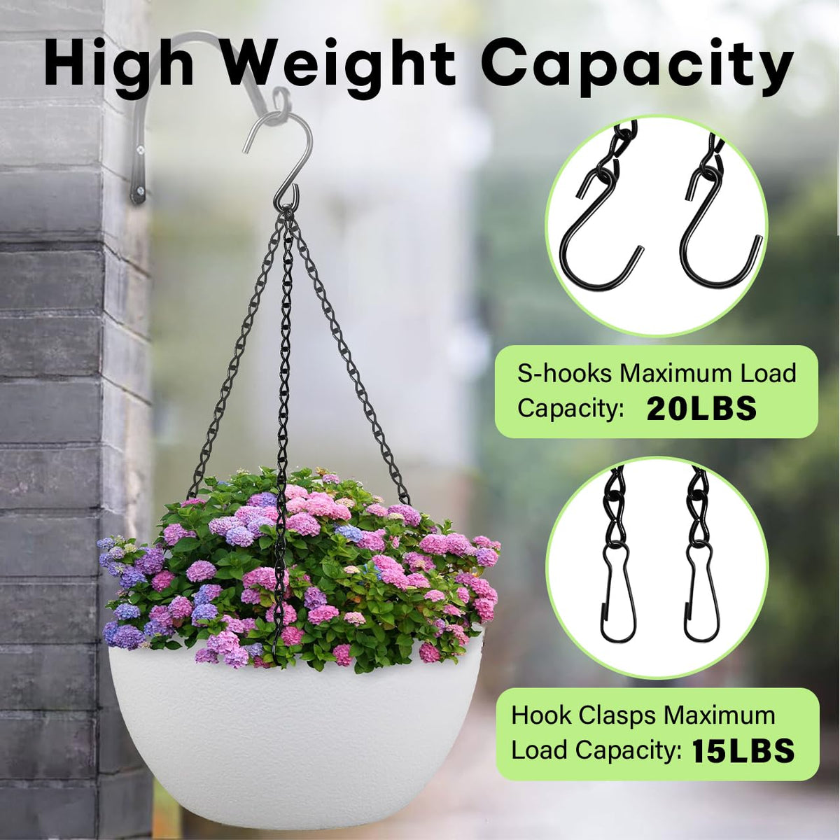 ZUZUAN black S-hooks set enables easy hanging for baskets and lights outdoors.
