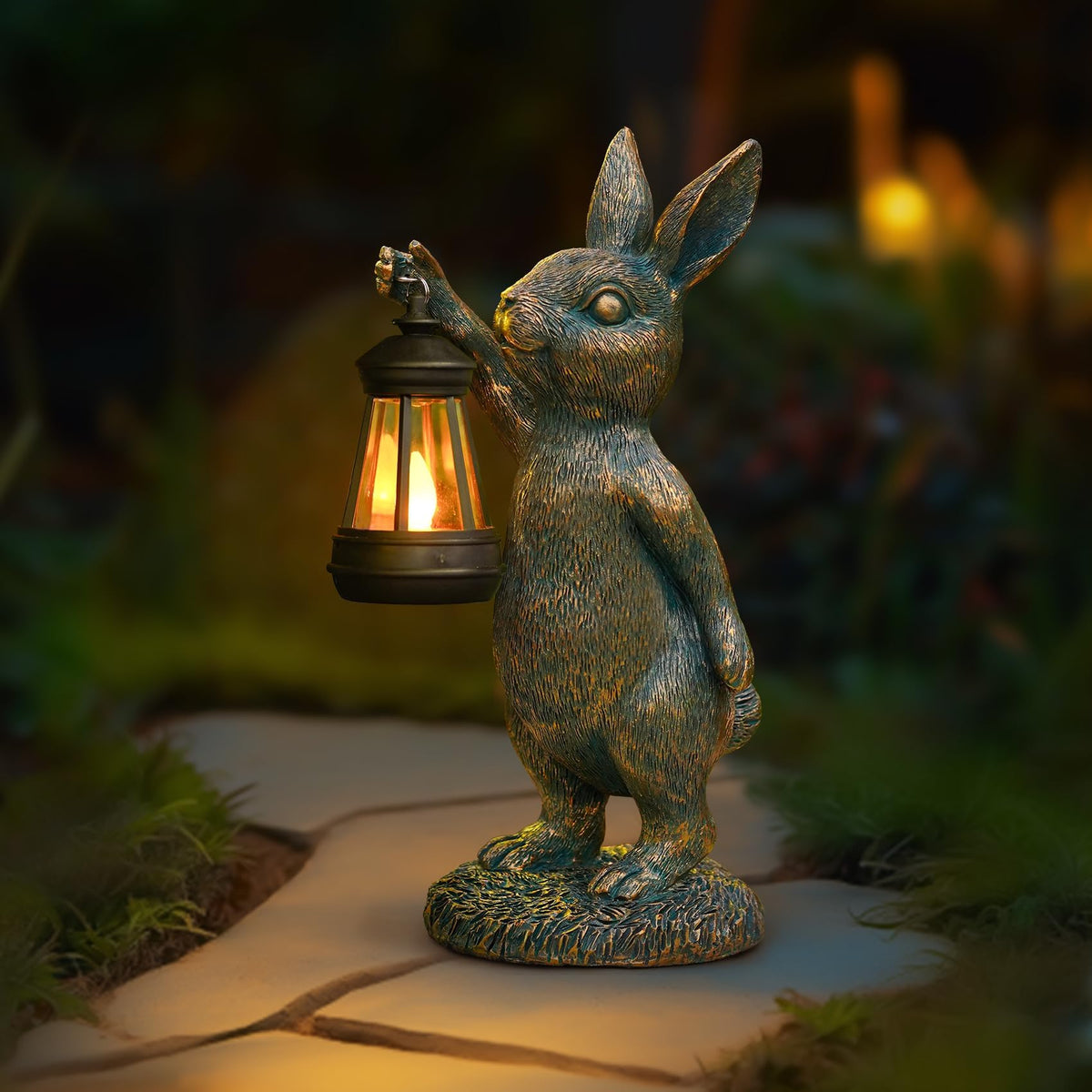 Zuzuzen Rabbit Garden Statue with solar lantern for warm outdoor ambiance at night.