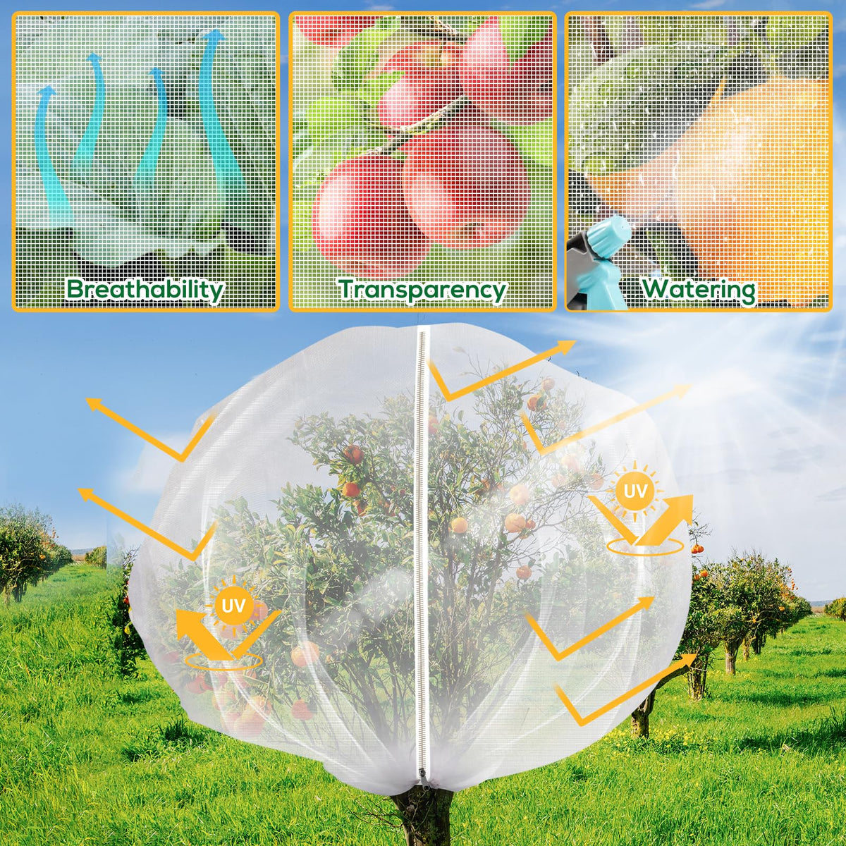 ZYP citrus-tree cover netting shields fruit while allowing water to pass through.
