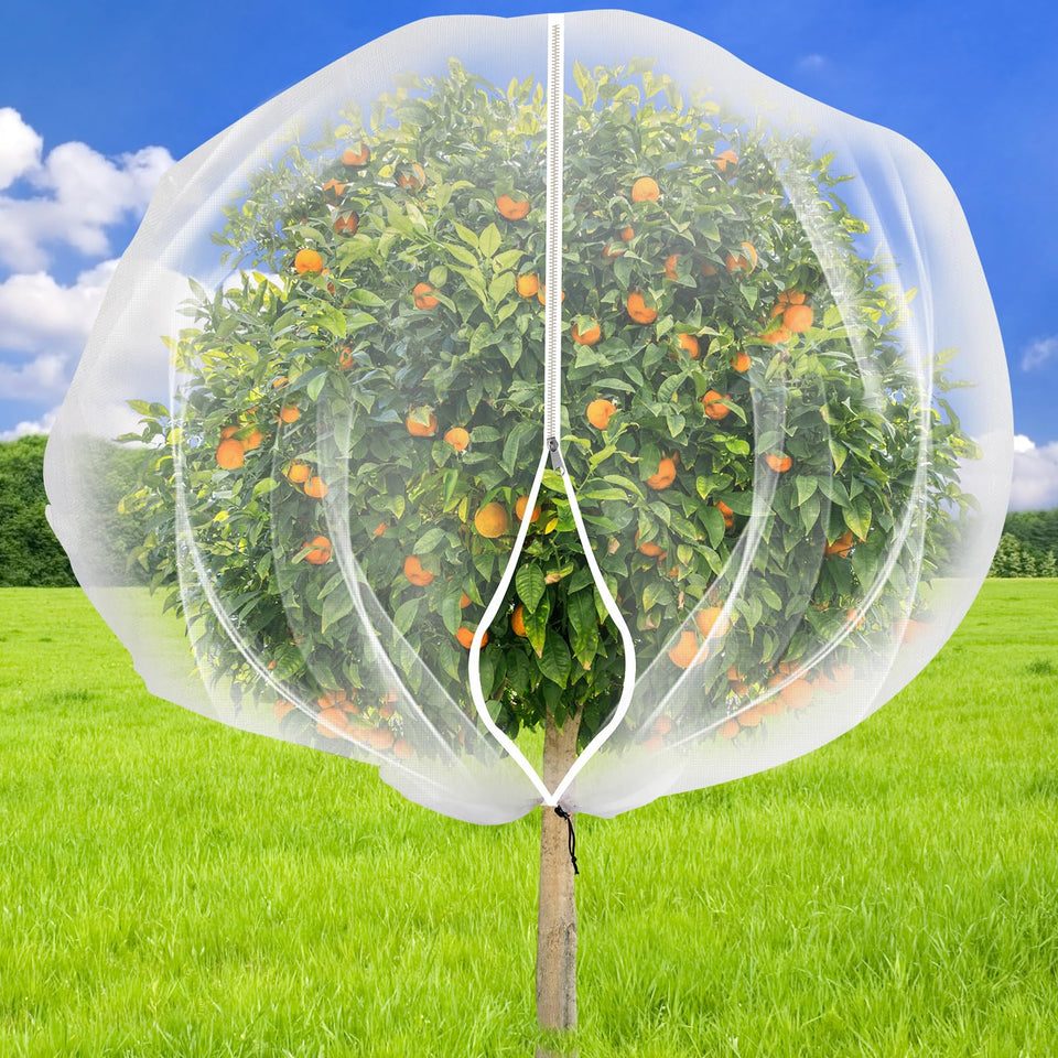 ZYP fruit tree netting cover with zipper and drawstring protects trees while letting air and sun through.