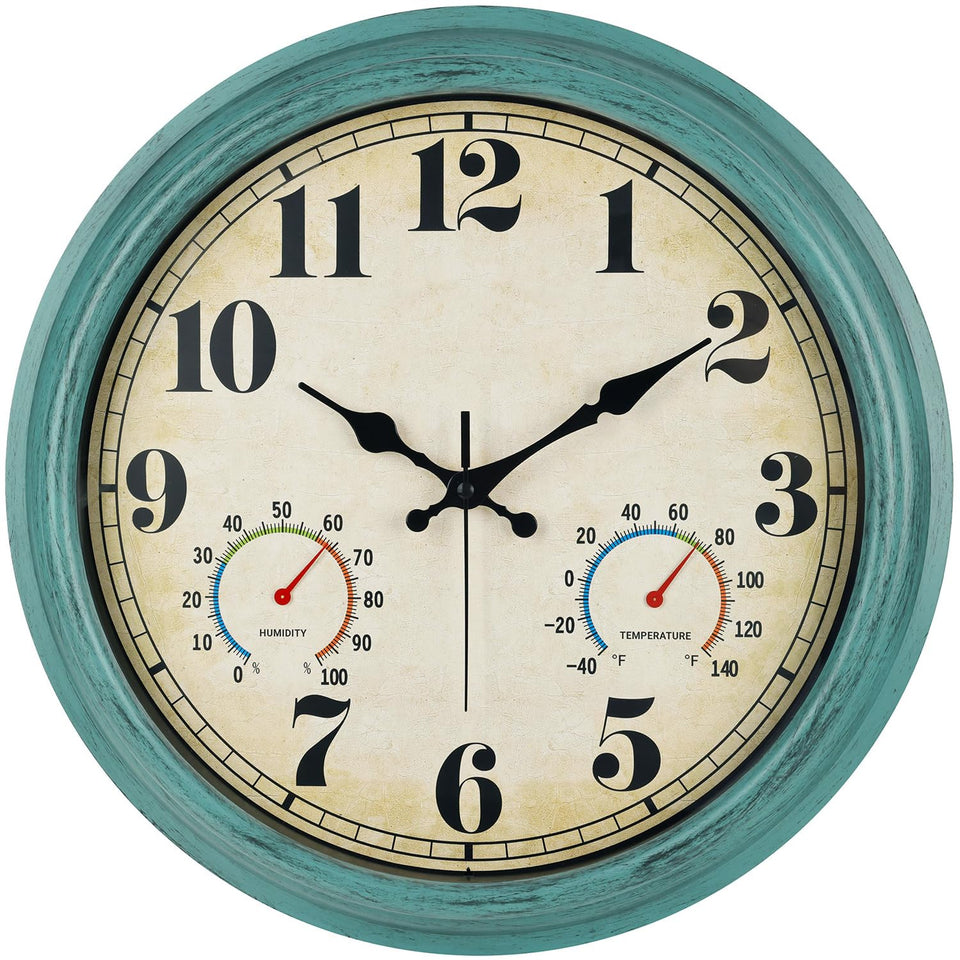 Zyzamay 16-inch green wall clock with thermometer and hygrometer for accurate readings