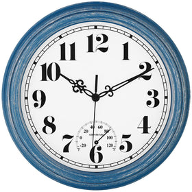 Zyzamay outdoor clock with thermometer on blue wall, perfect for patios.
