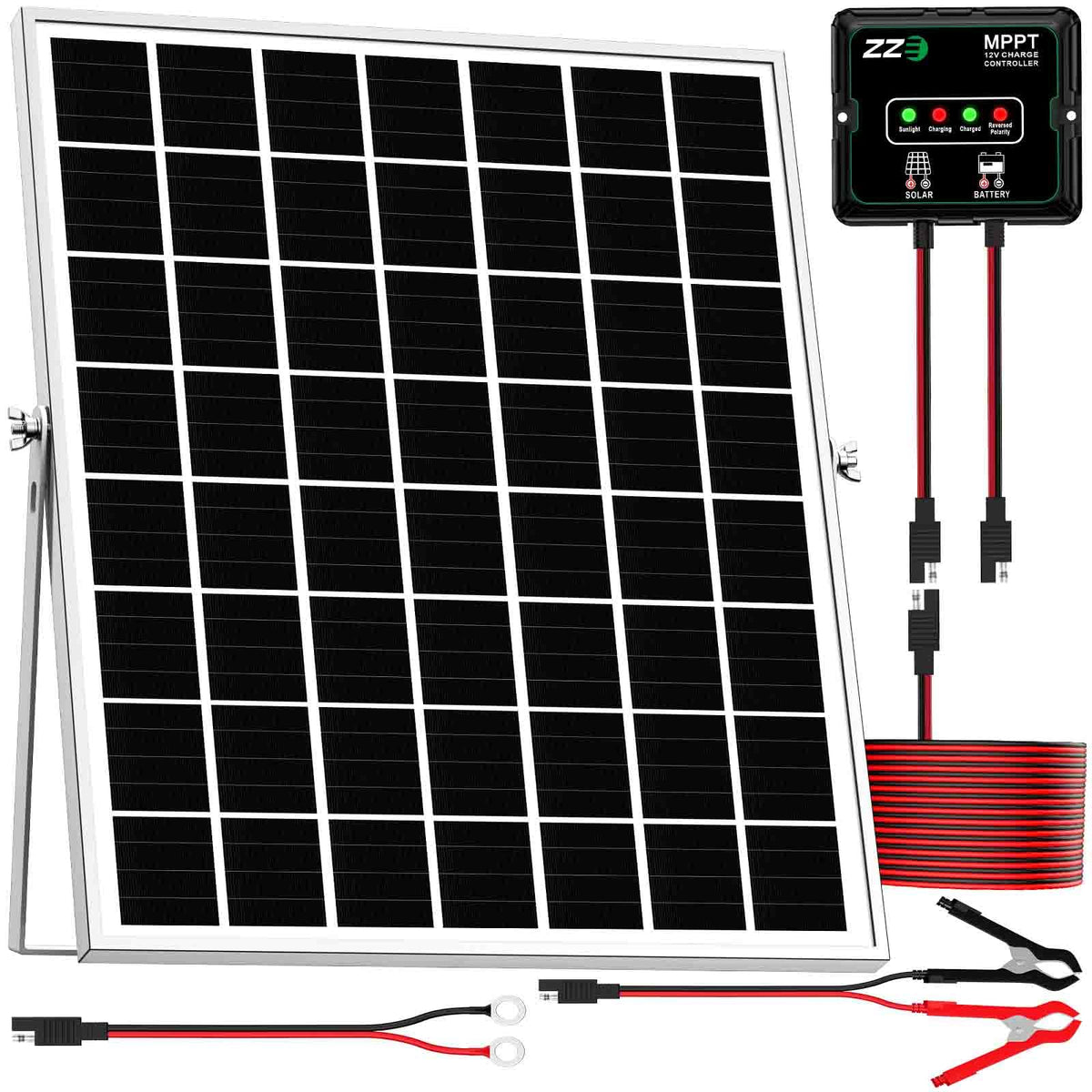 ZZE solar panel kit 20W powering 12V batteries on RV trips