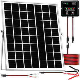 ZZE solar panel kit 20W powering 12V batteries on RV trips