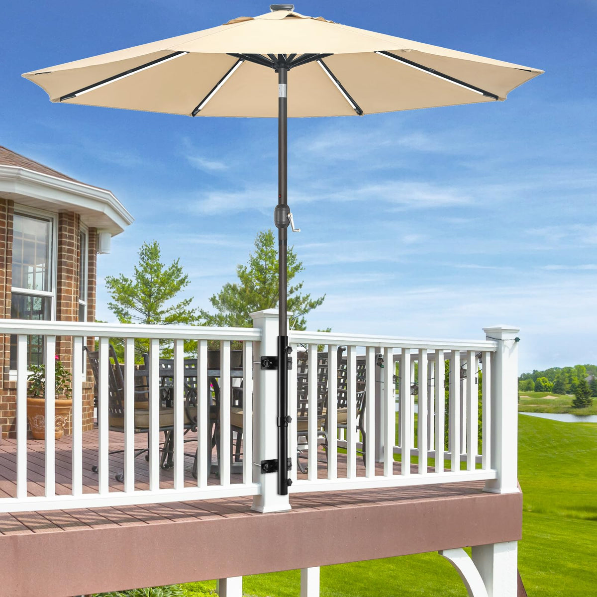 ZZM compact railing umbrella holder keeps deck tidy and uncluttered.