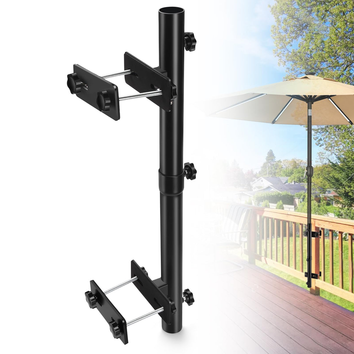 ZZM patio umbrella holder mounted on deck rail for space-efficient outdoor shading.