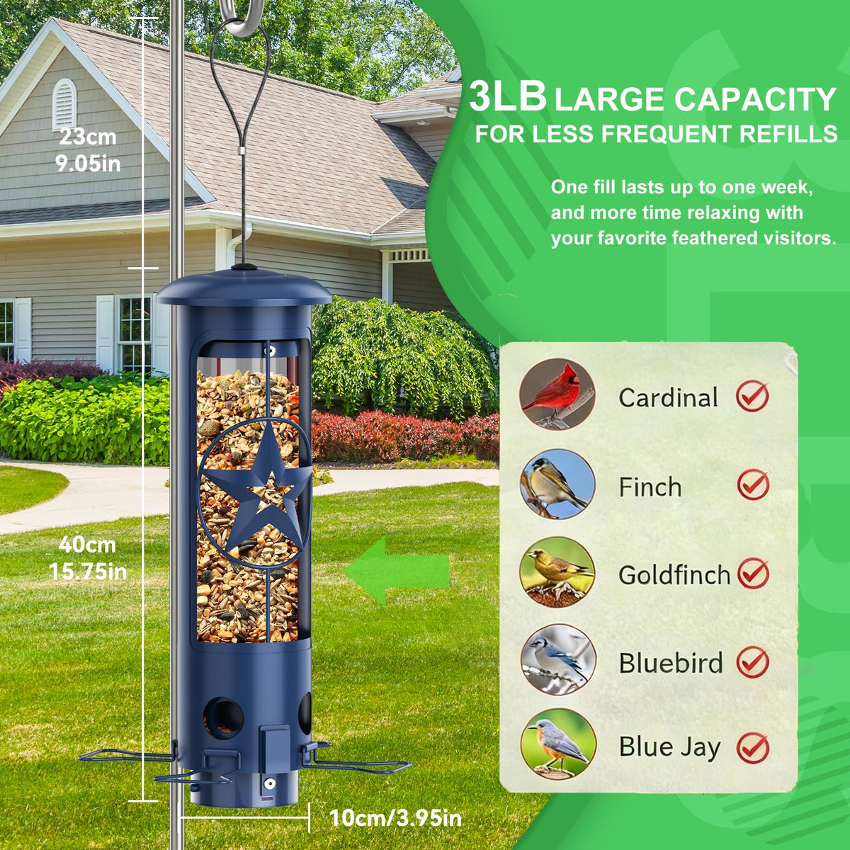 ZZOOEE clear seed window helps monitor levels while attracting cardinals.