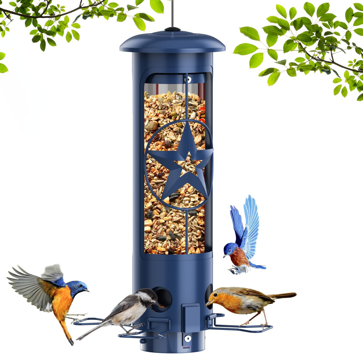ZZOOEE squirrel-proof feeder shown with 3lb capacity for steady backyard feeding.