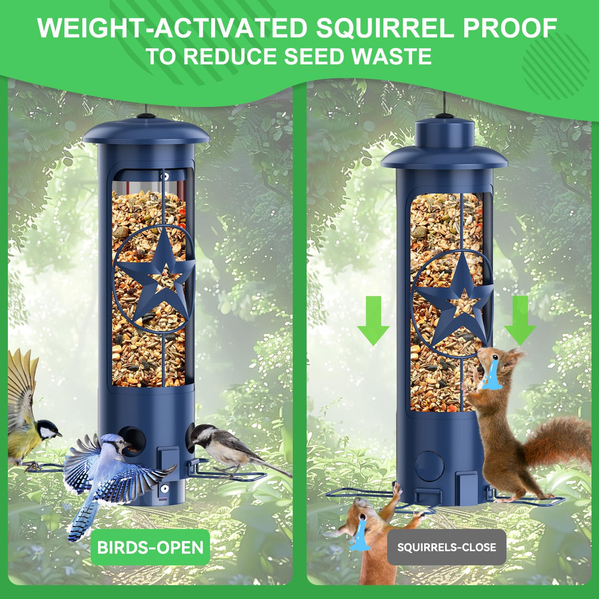 ZZOOEE weight-activated feeder demonstrates protected seed access for larger animals.