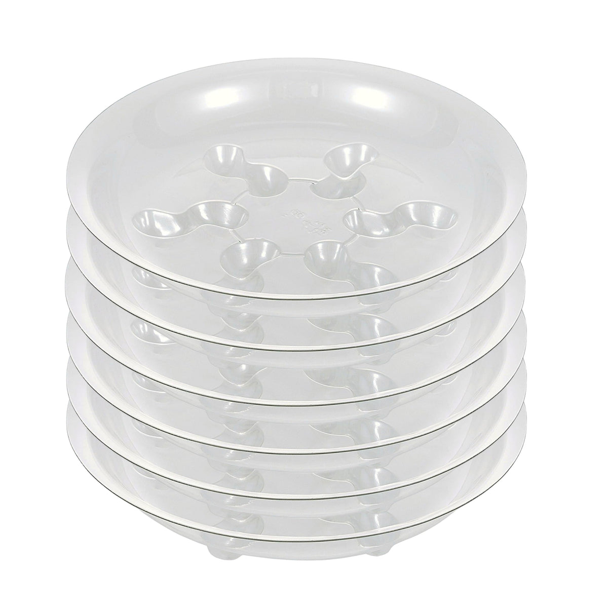 ZZPYXIA 6-pack 8-inch clear plant saucers for clean, unobtrusive pot drainage.