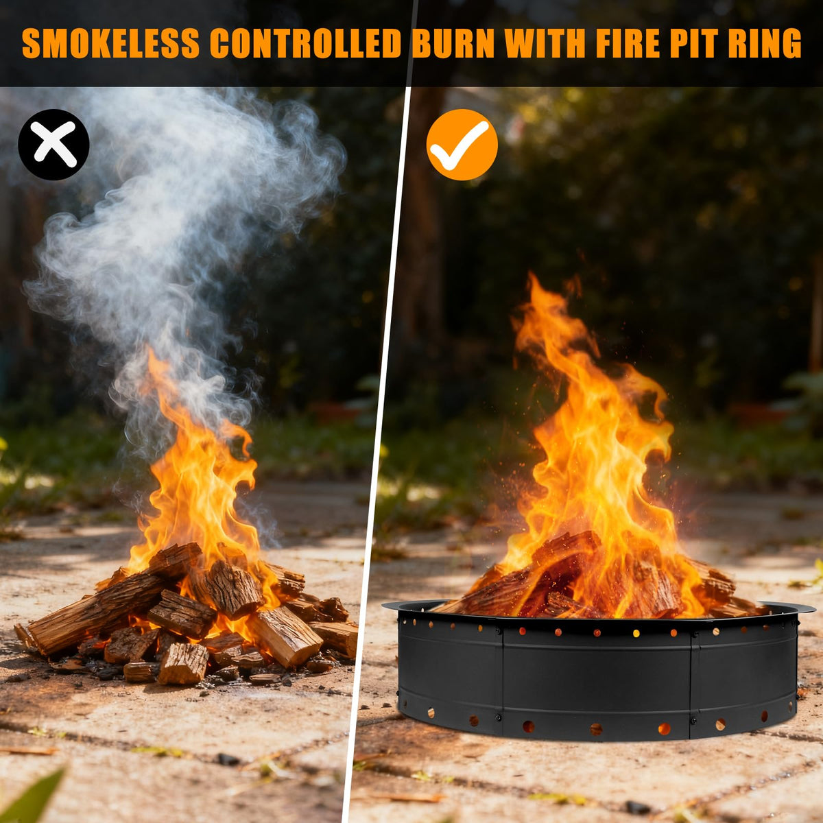 Zzuvjoy 36-inch diameter fire pit ring showing generous wood capacity